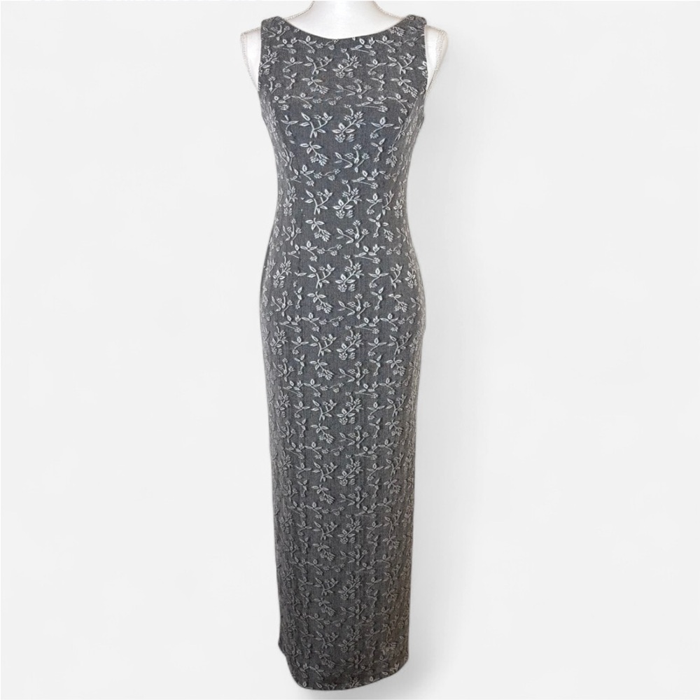 90s vintage floral knit maxi dress gray sleeveless stretchy